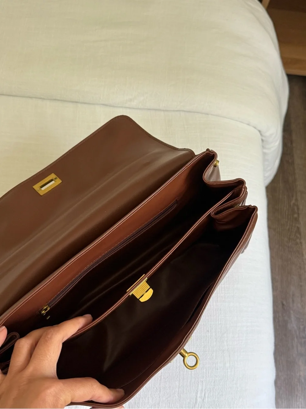 Chocolate Brown Expandable Shoulder Bag w/ Charms & Gold Hardware